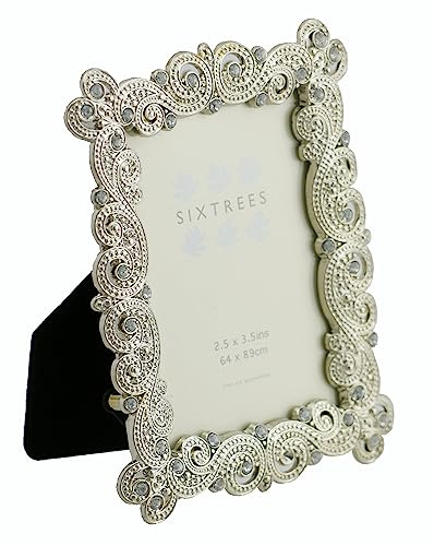 Sixtrees Antique Vintage and Shabby Chic Style silver metal 3.5 x 2.5 inch photo frame with beads and crystals (64 x 89mm) picture - Matilda