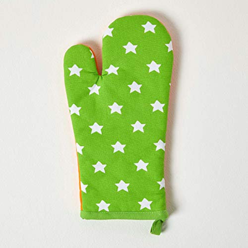 HOMESCAPES - Pure Cotton Oven Glove - Stars - Lime Green Orange - 18 x 32 cm - Fully Coordinated Washable Kitchen Linen