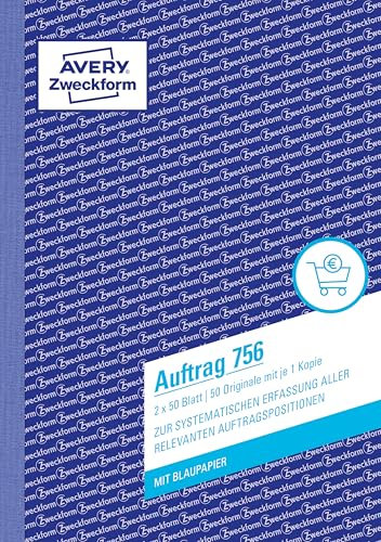 AVERY Zweckform 756 Auftrag (A5, 2x50 Blatt, mit einem Blatt Blaupapier und einem Durchschlag, zur systematischen Erfassung aller relevanten Auftragspositionen) weiß