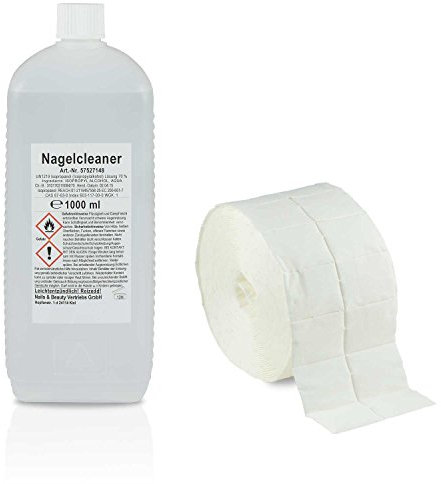 NAILS FACTORY | N&BF Nagel Cleaner Set 1000ml | 1000 Zelletten Cellulose Pads Tupfer (2 Rollen à 500 Stück) | 70% Isopropanol-Alkohol | für Gelnägel | Nagelreiniger – kosmetisch rein in Studioqualität