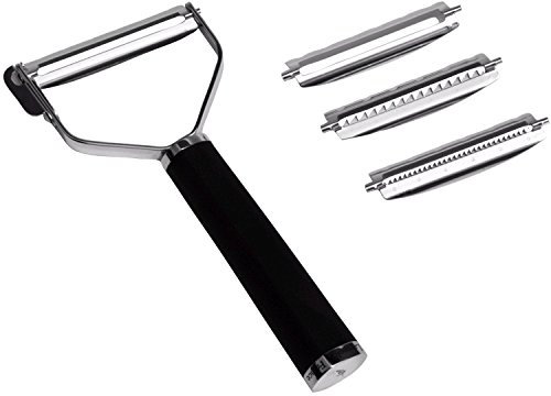 KAI Michel Bras pelador universal con 4 cuchillas - 2x filo liso / 2x filo juliana - pelador en T de acero inoxidable con cuchilla de 5,7 cm / mango de 10 cm - pelador de verduras, frutas y espárragos