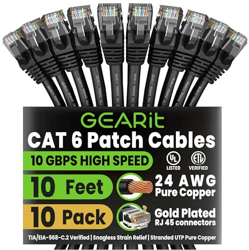 GEARit Cat6 Patch Cables Cat 6 Ethernet Cable 10 ft 10-Pack Black