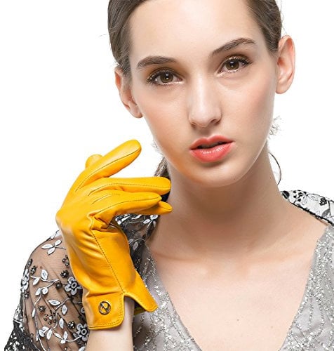 Nappaglo Damen Italienisches Lammfell Leder Handschuhe Touchscreen Winter Warm Langes Fleecefutter Handschuhe (M (Umfang der Handfl?che:17.8-19.0cm), Gelb(Non-Touchscreen))