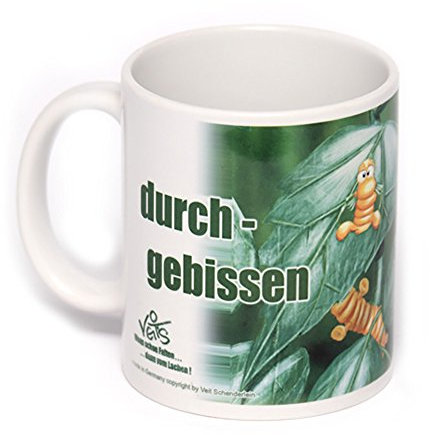 Veit's lustige Cartoon Keramik Tasse Becher Prüfung bestanden - Raupe Durchgebissen!