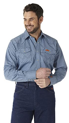 Wrangler Herren Fr Schwer Entflammbares Westernhemd mit Druckknöpfen und Zwei Taschen Work Utility Hemd, Blau kariert, Large Hoch