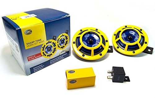 HELLA H31000001 Sharptone 12V High Tone/Low Tone Twin Horn Kit mit gelbem Schutzgitter, inkl. Relais, 2 Hörner