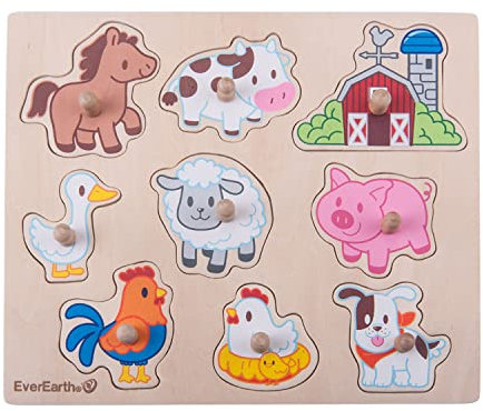 EverEarth Puzzle Bauernhof aus nachhaltigem Holz – Buntes Lernspielzeug zur Förderung von Motorik und Tierkenntnissen – Umweltfreundliches Holzpuzzle für Kinder – EE33737