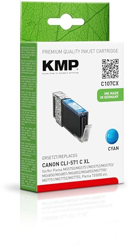 KMP Tintenpatrone passend für Canon CLI571CXL Cyan (0332C001) - C107CX - für Canon Pixma MG 5750, MG 5751, MG 5752, MG 5753, MG 6850, MG 6851,... etc.