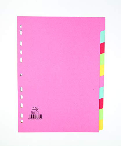 Elba A4 10-Part Card Dividers – Assorted Colours, Multi-Punched, 240gsm Recyclable Manila
