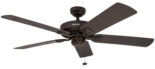 Honeywell Ceiling Fans Belmar 52 Inch Ceiling Fan Without Light, Outdoor Ceiling Fan with Pull Chain, Tri-Mount Traditional 5 Blade Design, ETL Wet Rated, Bronze (50199-01)
