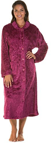 Lady Olga Fleece-Nachtwäsche in 3 Stilen, Bademantel, Morgenmantel oder Bettjacke, mit Reißverschluss und Knöpfen Gr. 42/44 DE, Dark Rose - Button