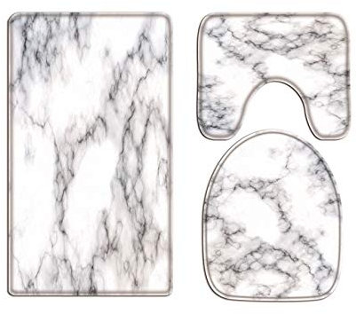 A.Monamour Badezimmer Badematte 3 Teilig Set Weißer Marmor Textur Hintergrund Flanell WC Toilette Deckel Deckt Bad Matte Teppich Badteppiche Badvorleger Badgarnitur Vorleger