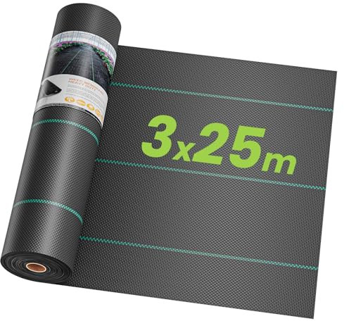 OUNUO 3 x 25 m Malla Antihierbas, Malla contra Malas Hierbas, 90 g/m² Geotextil, Protección césped Artificial, Lona antimalezas jardín, Anti-UV, Negro
