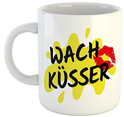 Hellweg Druckerei Kaffeetasse Wachküsser Kuss Geschenk Idee Keramik 330ml Kaffee-Becher mit Spruch