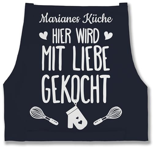 Schürze - Kochschürze - Hier wird mit Liebe gekocht mit Name I Geschenk Kochen - 85x69 - Navy Blau - personalisierte küchenschürze damen kochschuerze dame küche sprüche kochschürzen