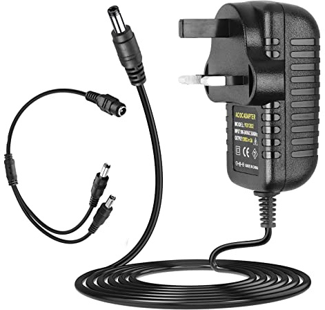 Splitter Power Cable 12V 2A Power Supply Adapter, AC 100-240V to DC 2000mA 24W with 2 Way 2-Way Splitter Cable for CCTV Security Camera DVR NVR Led Strip (2 Meters Cord)