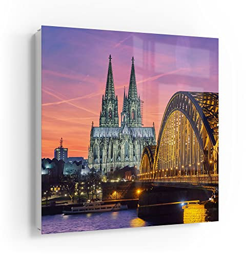 DEQORI Schlüsselkasten weiß | 30x30 cm | Motiv Kölner Wahrzeichen abends | Glas & Metall Schlüssel-Box | Schlüsselschrank mit 50 Haken + 2 Magnete | Moderne Design Box magnetisch & beschreibbar