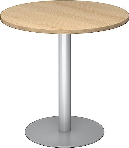 bümö Besprechungstisch, Esstisch klein, Tisch rund 80 cm - Kleiner Esstisch Eiche, Rundtisch Esstisch 2 Personen mit Holz-Platte, Säule aus Metall in Silber, Konferenztisch, Bistrotisch