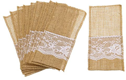 sourcing map Burlap Lace Utensil Holders, 10Pcs Knife Forks Napkin Silverware Holder Bag Cutlery Pouch for Vintage Wedding Decoration