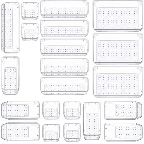Panzy Home 21 Pcs Drawer Organiser Clear Desk Drawer Organisers Trays Makeup Drawer Divider Clear Plastic Storage Boxes for Bathroom Cosmetics Kitchen Office Stationery