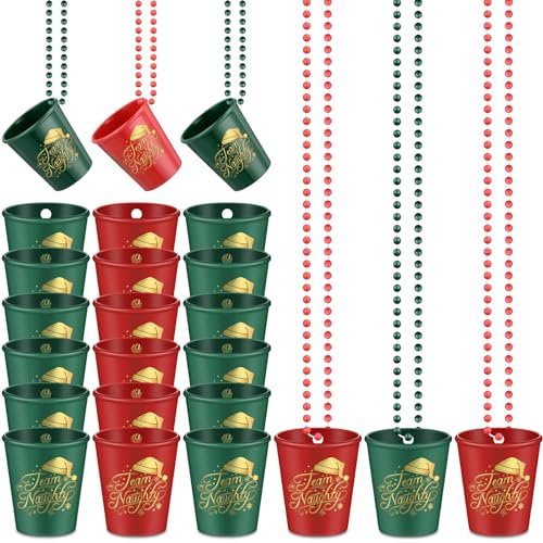 Tigeen 24 Christmas Shot Glass Necklaces Christmas Plastic Shot Cup Necklace Xmas Shot Glass on Beaded Necklace Team Naughty Team Nice Shot Glass Necklace for Birthday Christmas Party(Santa Hat)