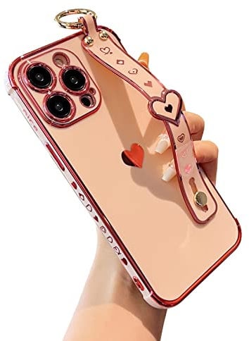 DEFBSC for iPhone 15 Pro Case with Wrist Strap, Cute Side Love Heart Plating Edge Phone Case with Heart Pattern Wristband Finger Holder Stand Soft TPU Bumper Shockproof Protective Case - Pink