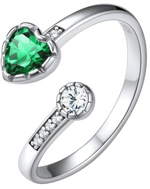 Silvora Stapelbare Smaragd Ringe 2mm breit Verstellbarer Offener Zirkonia Fingerring 925 Silber Herz Geburtsstein Siegelring für Muttertag Geburtstag Weihnachten Ringgröße 52 (16.5)-62 (20)
