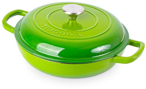 Cocotte peu profonde en fonte avec couvercle – Antiadhésive – Résiste au four jusqu'à 260 °C – Batterie de cuisine robuste – Cocotte émaillée – Vert, 2,3 Qt, 26 cm – Nuovva