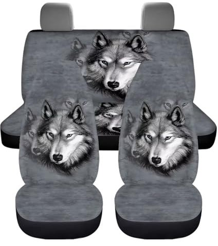 UOIMAG Grauer Wolf Autositzbezüge für Herren und Damen, Auto-Vorder- und Rücksitzschutz, Geteilte Sitzbezüge, komplettes Set, 4-teilig