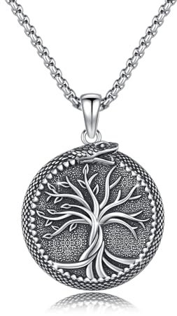 YueYuan Pendentif arbre de vie pour homme en argent sterling 925 Ouroboros - Chaîne serpent - Arbre de vie - Bijoux nordiques - Cadeau pour la fête des pères - Anniversaire, 24 mm, Argent sterling,