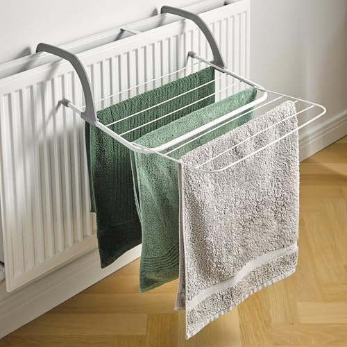 Hanging Radiator Dryer Rack – Space Saving Foldable Extendable Indoor Home Drying Airer with 9 Large Capacity Rails for Clothes, Towels & More – White & Grey, Measures H15 x W51 x D33-53cm
