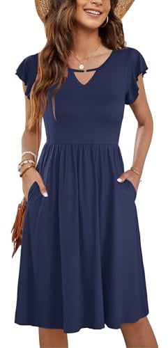 PLOKNRD Women's Summer Ruffle Sleeve Midi Dress with Pockets | Short sleeves, a-line, empire waist, v-neck sundress for beach, holiday & daily wear