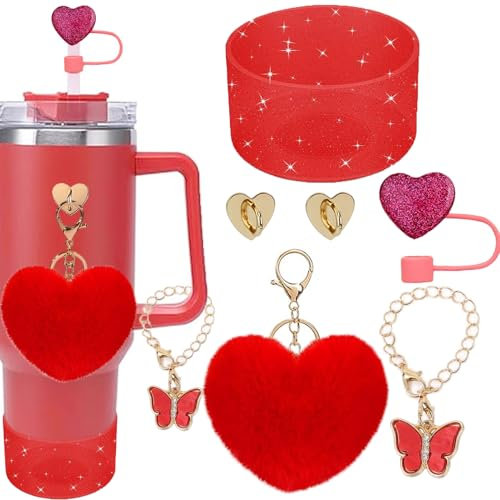 Accessories for Stanley Cup 40oz/30oz,Includes Silicone Boot,Straw Cover caps,Charm Keychain Cute Hanging Charm for Stanley Tumbler Cup(Red)