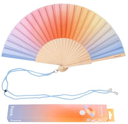 Fisura – Éventail en Bois au Design dégradé Bleu et Orange. Accessoire Original et coloré, Ventilateur de Main Moderne avec Crochet Inclus. Dimensions : 42,5 x 23 cm