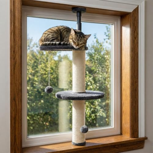 AD Furnishes Window Cat Tree & Small Cat Tower (89.5-105.5cm) – Adjustable Cat Window Perch & Shelf for Indoor Cats – Sturdy Window Sill Extender Seat for Large Cats
