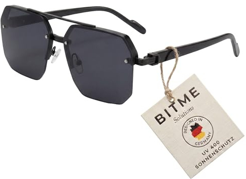 BitME Solutions Vintage Sonnenbrille Damen & Herren – Große Rechteckige Gläser – Retro Oversized Brille im 90er Jahre Design – UV400 Schutz – Eckige Unisex Sonnenbrille für Festival & Party – Schwarz