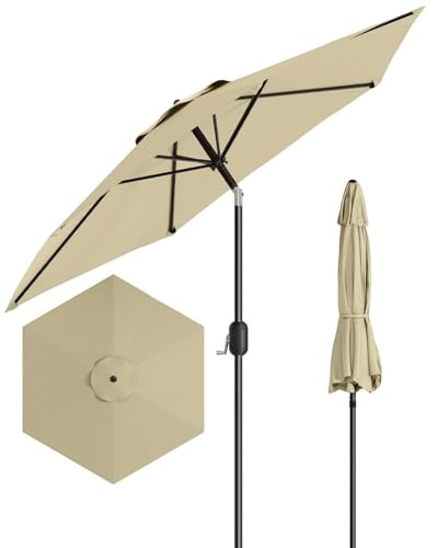 JustSmart Sonnenschirm 215cm Mit Kurbel Und Auto Kippen, Beständiger Garten Wasserabweisend Rund, Balkonschirm UV-Schutz Bis UPF 50+ Windfest, 6 Streben Für Garten, Balkon & Terrasse, Beige