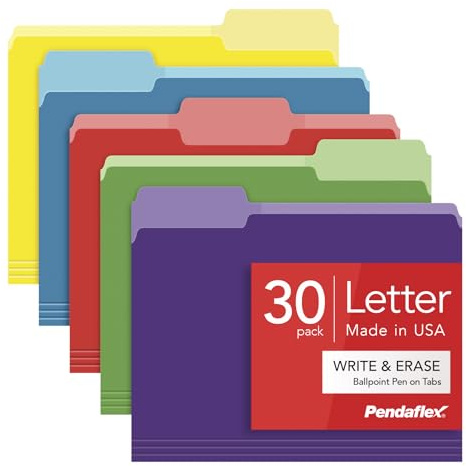 Pendaflex Colored File Folders, 30 Pack, Letter Size (8.5 x 11), Erase Ballpoint Pen from Tabs, 3 Tabs, 5 Colors: Green, Yellow, Red, Blue, Purple, Office, Classroom & Home Document Organization