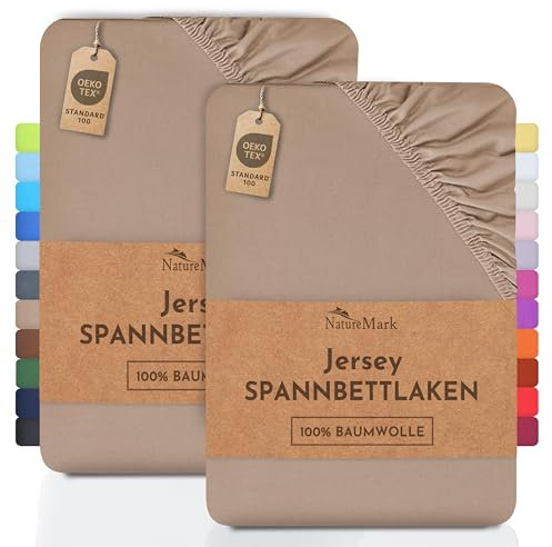 NatureMark 2er Pack Jersey Spannbettlaken, Spannbetttuch 100% Baumwolle in vielen Größen und Farben MARKENQUALITÄT ÖKOTEX Standard 100 | 180 x 200 cm - 200 x 200 cm - Sand/beige