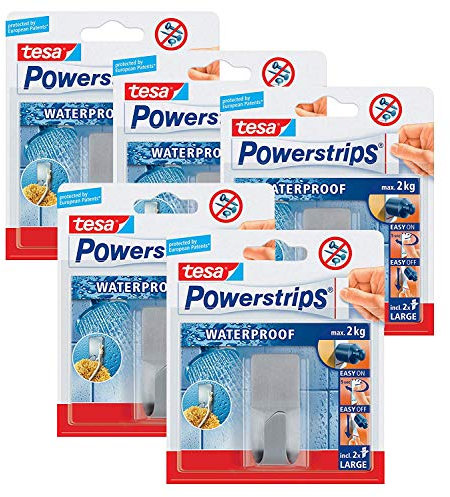 tesa Powerstrips Waterproof Haken Zoom Metall - Wasserfester Klebehaken aus Edelstahl für Badezimmer und Dusche (5, Haken)