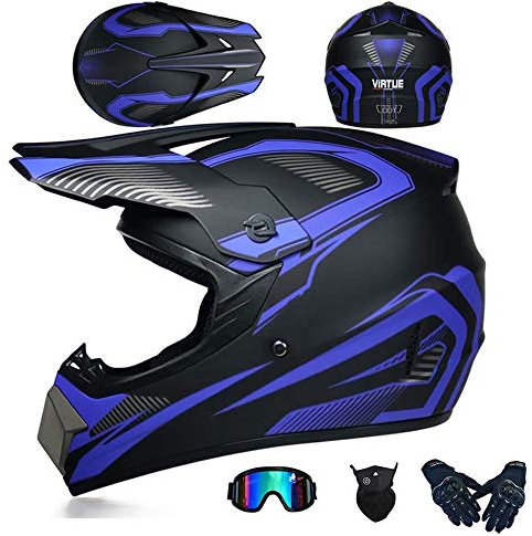JCLDG Herren Offroad Motocross Helm Schwarz/Rockstar Motorradhelm + Handschuhe + Brille + Schutzbrillen Adult Off Road Fullface MTB Helm Mopedhelm für Kids Damen Sicherheit Schutz,Blau,L