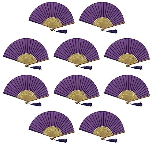 FANSOF.FANS Pack of 10 Fabric Handheld Fan with a Tassel Grade A Bamboo Ribs Party wedding Favour (Dark Royal Purple)