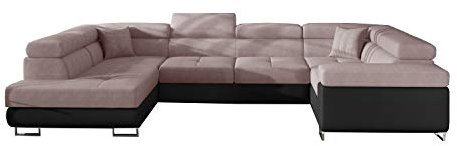 MOEBLO Ecksofa mit Schlaffunktion mit Bettkasten Couch U-Form Polstergarnitur Wohnlandschaft Polstersofa mit Ottomane Couchgranitur - LEA U (Rose +Schwarz (Omega 91+Soft 11), Ecksofa Links)