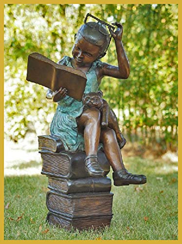 IDYL Bronze-Skulptur Lesend Mädchen mit Brille | 94x51x54 cm | Kinderfigur aus Bronze handgefertigt | Gartenskulptur |Wohnbereich-Dekoration | Hochwertiges Kunsthandwerk | Wetterfest