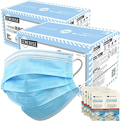 Surgical Face Masks - X100 BOXED GENERISE 3Ply Non-Medical Face Masks UK Stock Blue EN149:2001 - Breathable, Disposable Face Masks to Cover Mouth & Nose Inc x5 Alcohol Cleaning Wipes
