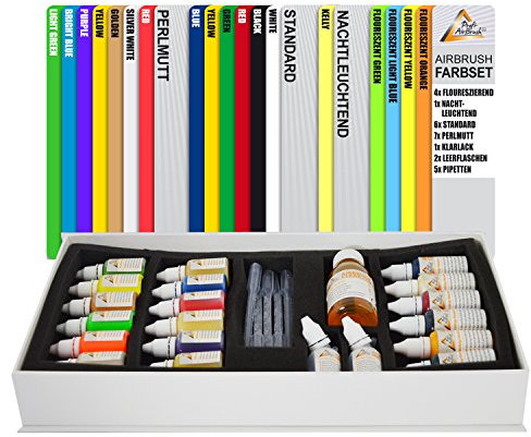 AIRBRUSH FARBEN 19-er SET für Airbrush Kompressor und Airbrushpistole Grundausstattung für jedes AirbrushSet GESCHENKVERPACKUNG universal einsetzbar für Airbrush-Tattoo