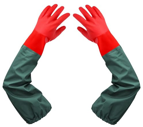 MIN-XL Extra Lange Wasserdichte Gummihandschuhe, Wiederverwendbare Teichhandschuhe, Resistent Gegen Säure, Laugen und Öl, Maschinen, Industrie, Fischerei, Aquarium-Handschuhe (Rot)