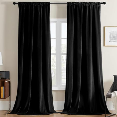 Joydeco Thermovorhang Kälteschutz Samtvorhang, 2er Set H 160 x B 132 Schwarz Elegant Verdunklungsvorhänge, Schallschutz Blickdicht Samt Gardinen Wohnzimmer Schlafzimmer Winter