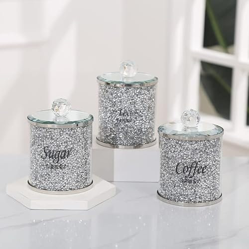 Signature Crystal Crushed Diamond Tea Coffee Sugar Canister Jars Kitchen Storage Silver Trimmings Crystal Filled Black Writing