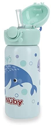 Nuby Thirsty Kids No Spill Flip-It Active Stainless Steel Travel Cup, 14 Oz, Whale